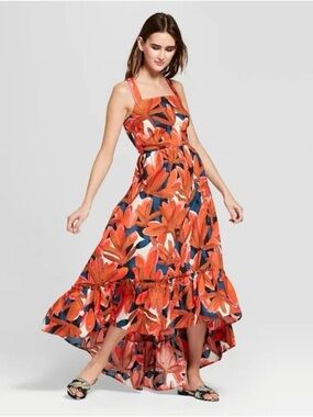 NWT Who What Wear Red, Orange, Brown, Navy Floral High-Low Dress